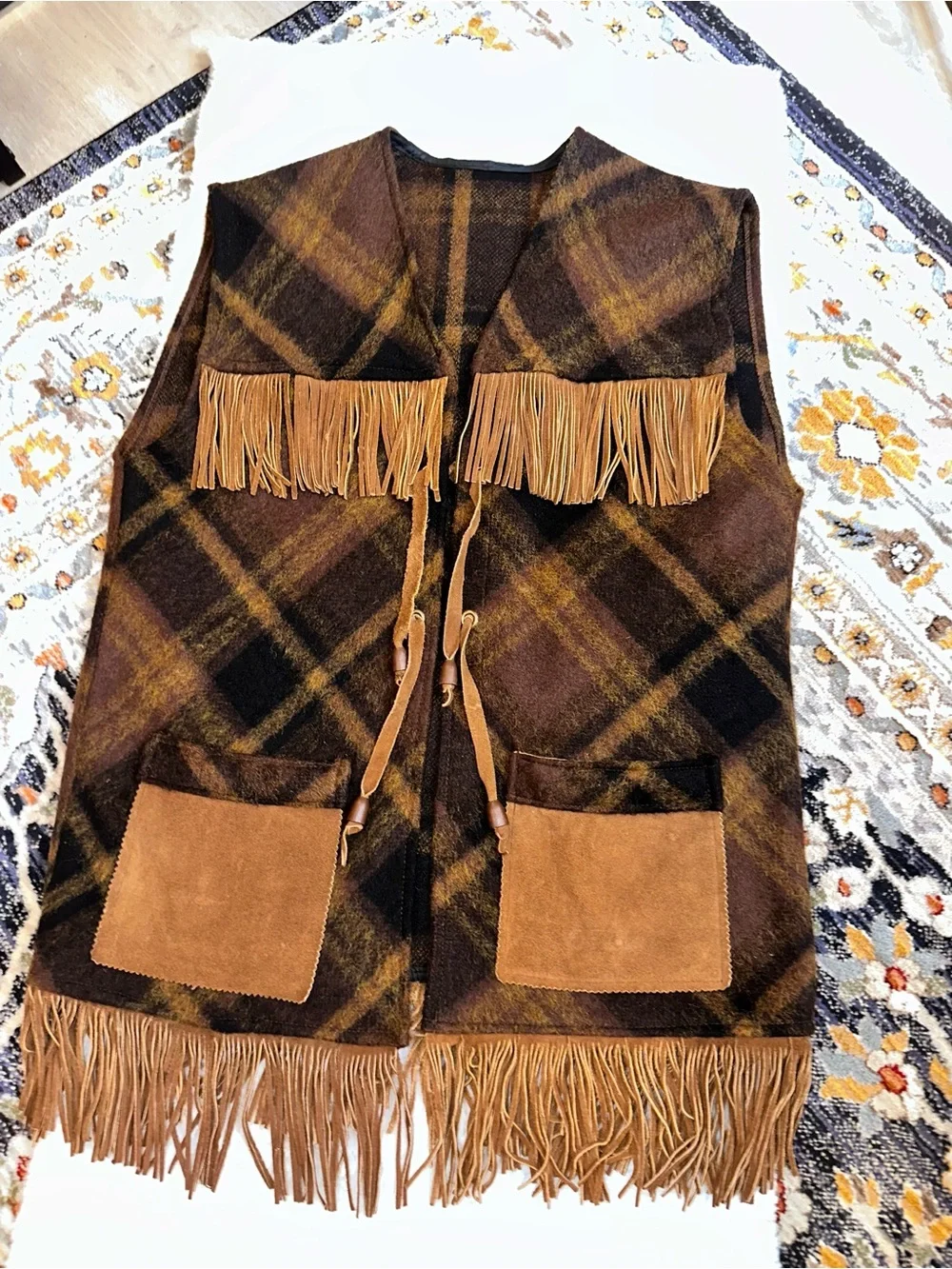 Vintage 70s Pioneer Wear Plaid Wool Fringe Vest Suede Pockets Western